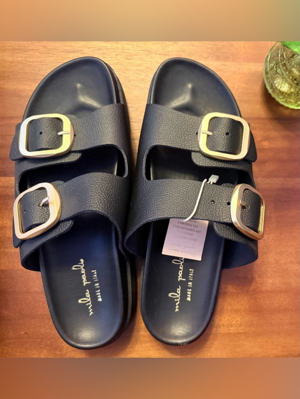 NWT Real Italian Leather Women’s Mila Paoli Black Sandals with Gold Buckles